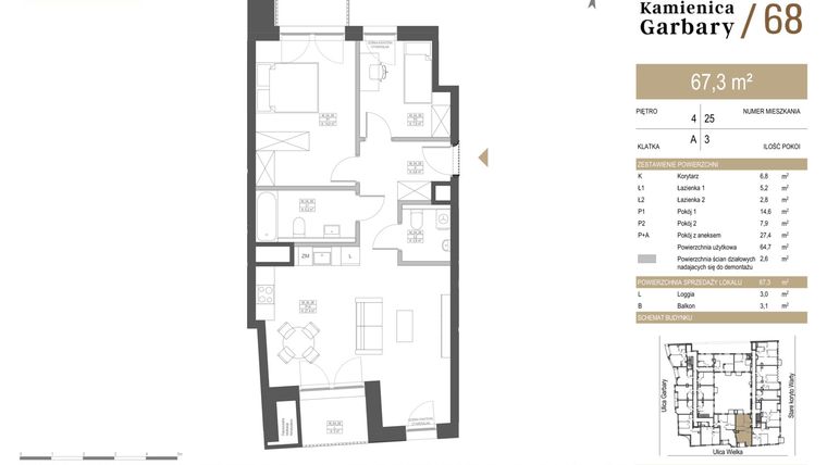 Rzut - Mieszkanie na sprzedaż 3 pokoje o powierzchni 67,3 m² - numer 25 w Garbary 68