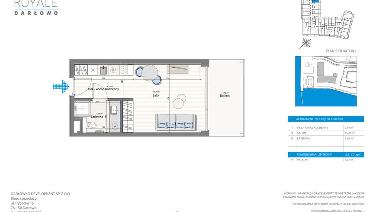 Rzut - Mieszkanie na sprzedaż 1 pokój o powierzchni 25,77 m² - numer V21/1 w Marina Royale