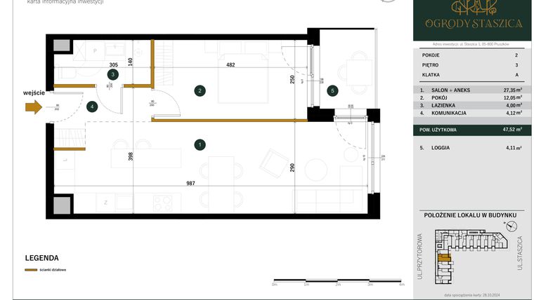 Rzut - Mieszkanie na sprzedaż 2 pokoje o powierzchni 47,52 m² - numer A.23 w Ogrody Staszica
