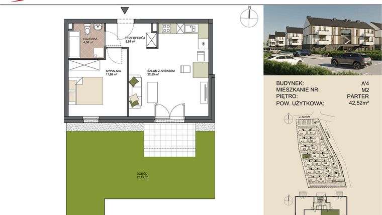 Rzut - Mieszkanie na sprzedaż 2 pokoje o powierzchni 42,52 m² - numer A'4/2 w Osiedle Przy Lipowej