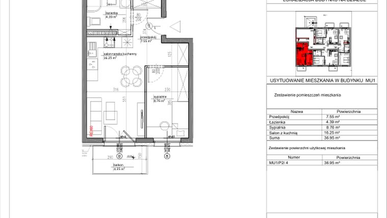 Rzut - Mieszkanie na sprzedaż 2 pokoje o powierzchni 37,1 m² - numer MU1/P2/4 w Nowa Klecina