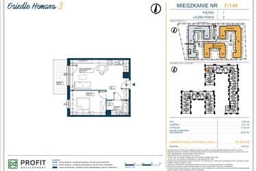 Rzut - Mieszkanie na sprzedaż 2 pokoje o powierzchni 41,56 m² - numer 149 w Osiedle Hemara - etap III bud. 2 i 3