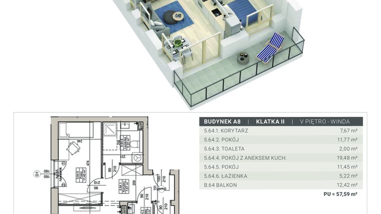 Rzut - Mieszkanie na sprzedaż 3 pokoje o powierzchni 57,59 m² - numer A.8.M64 w Sobola Biel A8