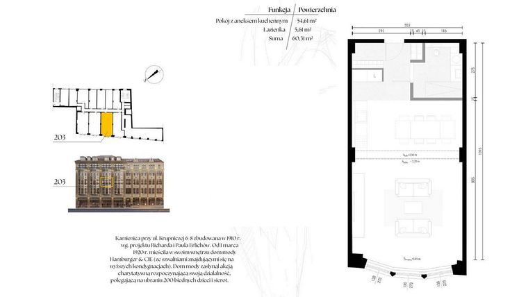 Rzut - Mieszkanie na sprzedaż 1 pokój o powierzchni 60,31 m² - numer G2/3 – 203 w Krupnicza 6/8