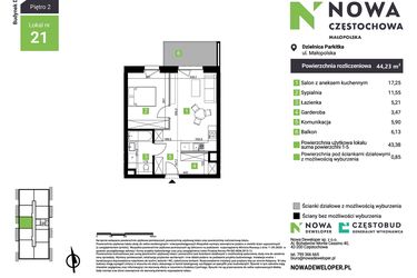 Rzut - Mieszkanie na sprzedaż 2 pokoje o powierzchni 44,23 m² - numer D21 w Nowa Częstochowa Małopolska etap II