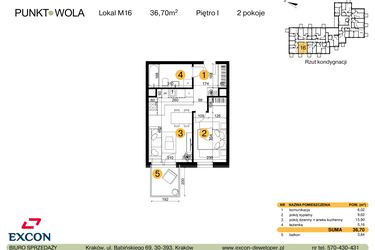 Rzut - Mieszkanie na sprzedaż 2 pokoje o powierzchni 36,7 m² - numer M16 w Punkt Wola
