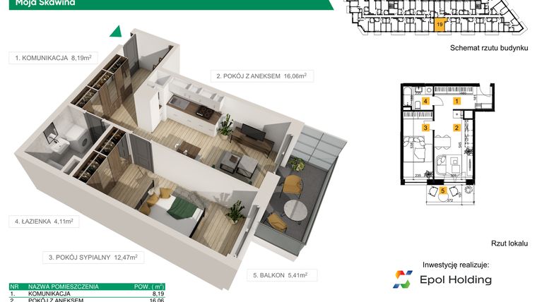 Rzut - Mieszkanie na sprzedaż 2 pokoje o powierzchni 40,83 m² - numer M19 w Moja Skawina