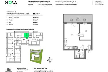 Rzut - Mieszkanie na sprzedaż 2 pokoje o powierzchni 36,62 m² - numer L.U. 22 w Nova Radiostacja - apartamenty inwestycyjne