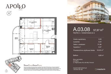 Rzut - Mieszkanie na sprzedaż 3 pokoje o powierzchni 55,95 m² - numer A.3.08 w Apollo Residence