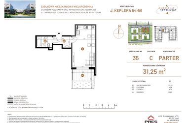 Rzut - Mieszkanie na sprzedaż 1 pokój o powierzchni 31,25 m² - numer JAR-III-C-LM-M35 w Osiedle JAR Heweliusza etap III