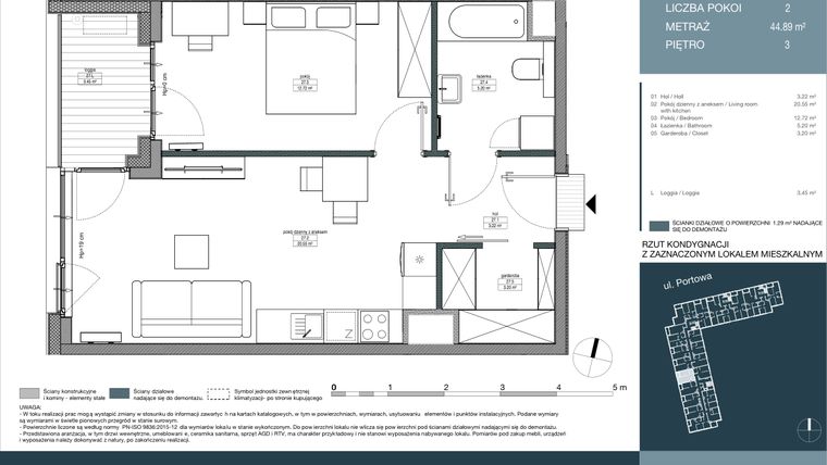 Rzut - Mieszkanie na sprzedaż 2 pokoje o powierzchni 44,89 m² - numer 27 w Portowa Zabłocie