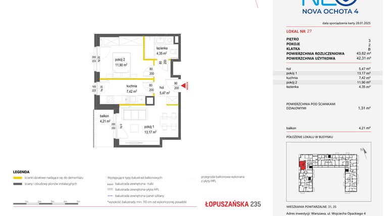 Rzut - Mieszkanie na sprzedaż 2 pokoje o powierzchni 43,62 m² - numer 27 w Neo Nova Ochota 4