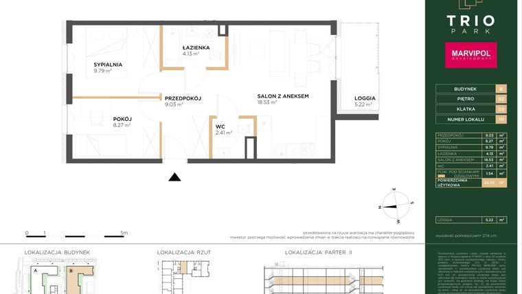Rzut - Mieszkanie na sprzedaż 3 pokoje o powierzchni 53,7 m² - numer B111 w Trio Park