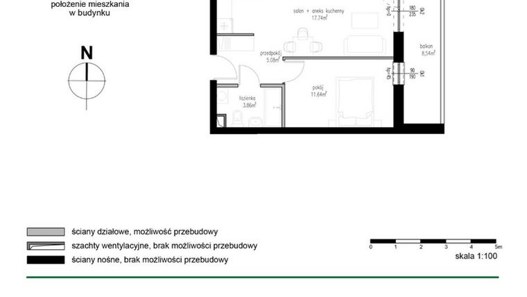 Rzut - Mieszkanie na sprzedaż 2 pokoje o powierzchni 38,32 m² - numer M18 w Wędrowna
