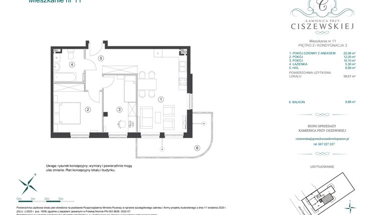 Rzut - Mieszkanie na sprzedaż 3 pokoje o powierzchni 58,67 m² - numer 11 w Kamienica przy Ciszewskiej