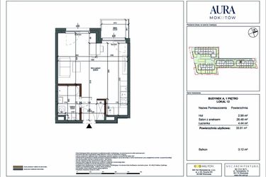 Rzut - Mieszkanie na sprzedaż 1 pokój o powierzchni 33,91 m² - numer 12 w Aura Mokotów II