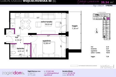 Rzut - Mieszkanie na sprzedaż 2 pokoje o powierzchni 39,54 m² - numer 86 w Wojciechowska Square