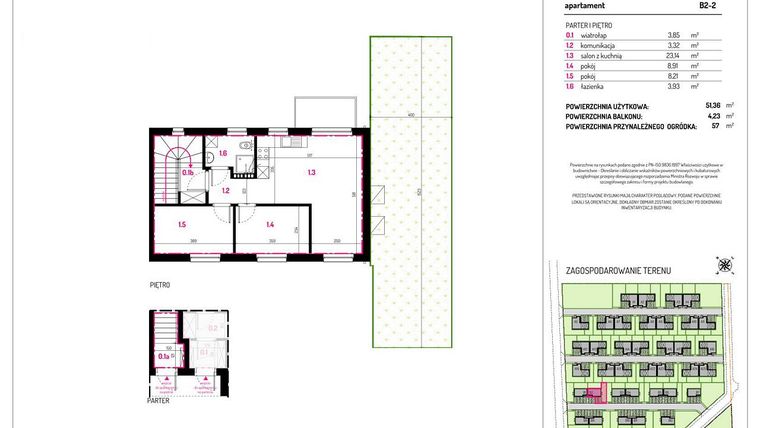 Rzut - Mieszkanie na sprzedaż 3 pokoje o powierzchni 51,36 m² - numer B2-2 w Aleja Kwitnącej Wiśni