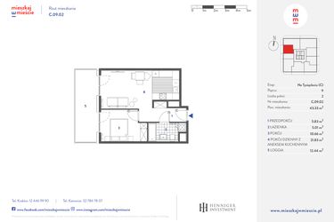 Rzut - Mieszkanie na sprzedaż 2 pokoje o powierzchni 43,33 m² - numer C.09.02 w Mieszkaj w mieście - Na Tysiącleciu budynek C