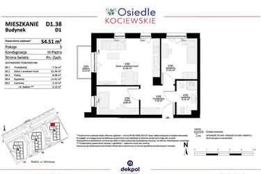 Rzut - Mieszkanie na sprzedaż 3 pokoje o powierzchni 54,51 m² - numer D1.38 w Osiedle Kociewskie etap IV