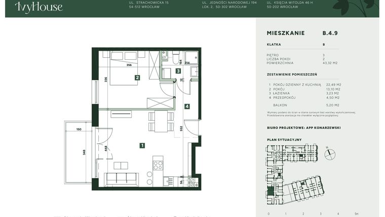 Rzut - Mieszkanie na sprzedaż 2 pokoje o powierzchni 43,32 m² - numer B.4.9 w IVY HOUSE