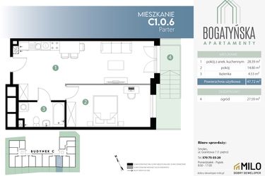 Rzut - Mieszkanie na sprzedaż 2 pokoje o powierzchni 47,72 m² - numer C1.0.6 w Bogatyńska Apartamenty etap 3