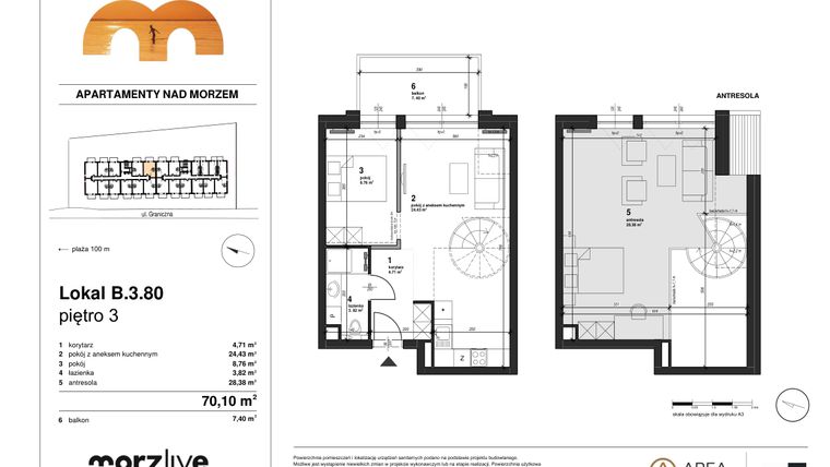 Rzut - Mieszkanie na sprzedaż 2 pokoje o powierzchni 70,1 m² - numer B.3.80 w Morzlive