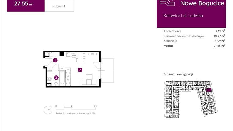 Rzut - Mieszkanie na sprzedaż 1 pokój o powierzchni 27,55 m² - numer 2.B.2.03 w Murapol Nowe Bogucice
