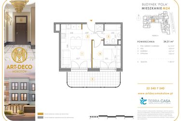 Rzut - Mieszkanie na sprzedaż 2 pokoje o powierzchni 47,34 m² - numer M24 w Art Deco Mokotów Pola