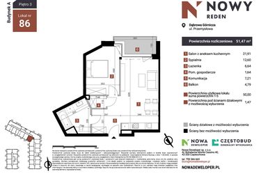 Rzut - Mieszkanie na sprzedaż 2 pokoje o powierzchni 51,47 m² - numer A86 w Nowy Reden
