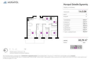 Rzut - Mieszkanie na sprzedaż 2 pokoje o powierzchni 60,78 m² - numer 1.A.3.08 w Murapol Osiedle Dynamiq