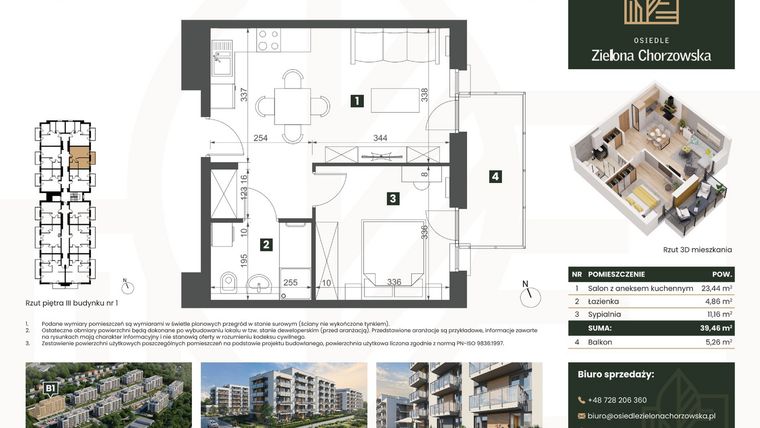 Rzut - Mieszkanie na sprzedaż 2 pokoje o powierzchni 39,46 m² - numer B1.M29 w Osiedle Zielona Chorzowska