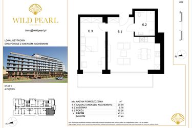Rzut - Mieszkanie na sprzedaż 2 pokoje o powierzchni 47,12 m² - numer 4.6 w Wild Pearl - apartamenty inwestycyjne