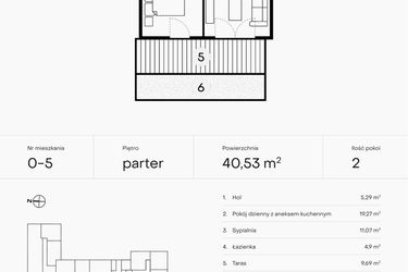 Rzut - Mieszkanie na sprzedaż 2 pokoje o powierzchni 40,53 m² - numer 0-5 w Pączka 1