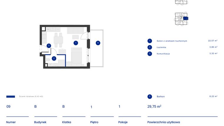 Rzut - Mieszkanie na sprzedaż 1 pokój o powierzchni 29,75 m² - numer B.09 w Osiedle Inverso