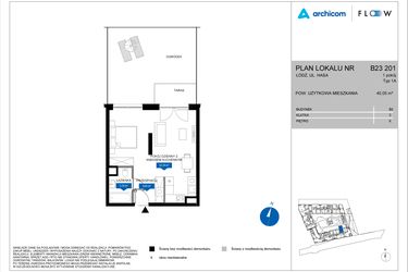 Rzut - Mieszkanie na sprzedaż 1 pokój o powierzchni 40,05 m² - numer B23 201 w Flow - bud. B2 A i bud. B2 B