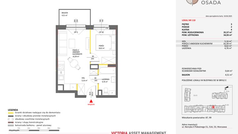Rzut - Mieszkanie na sprzedaż 2 pokoje o powierzchni 35,57 m² - numer E.110 w Piastova Osada