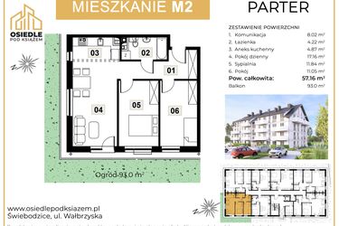 Rzut - Mieszkanie na sprzedaż 3 pokoje o powierzchni 57,16 m² - numer M02 w Osiedle Pod Książem