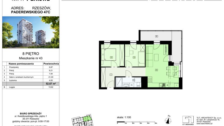Rzut - Mieszkanie na sprzedaż 3 pokoje o powierzchni 52,67 m² - numer 43/B8 w Dzielnica Parkowa VIII