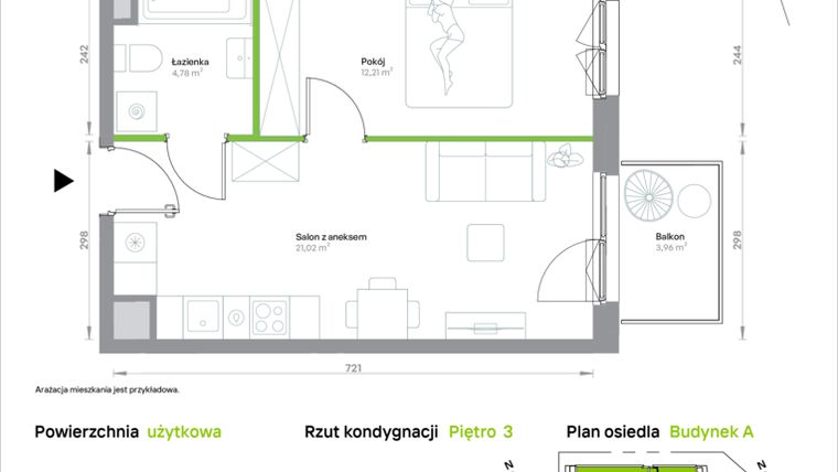Rzut - Mieszkanie na sprzedaż 2 pokoje o powierzchni 38,01 m² - numer A/3/31 w Krakowska Vita