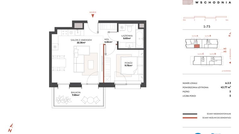 Rzut - Mieszkanie na sprzedaż 2 pokoje o powierzchni 43,77 m² - numer A.5.2 w Drucianka Wschodnia