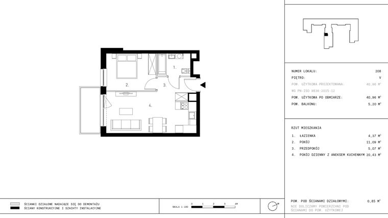 Rzut - Mieszkanie na sprzedaż 2 pokoje o powierzchni 40,96 m² - numer 5.A28 w Staszica 3