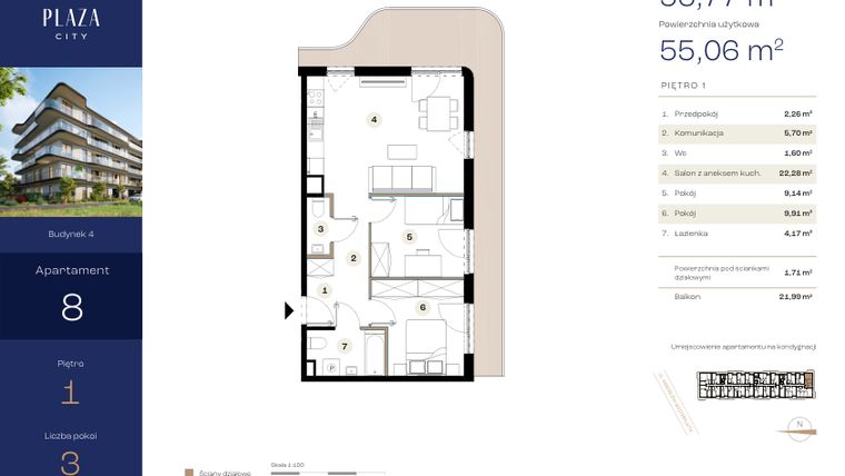 Rzut - Mieszkanie na sprzedaż 3 pokoje o powierzchni 56,77 m² - numer B4M8 w Plaza City