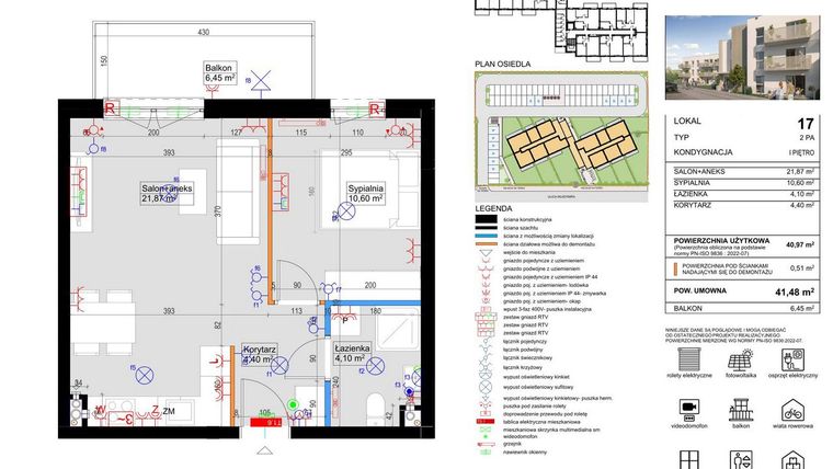 Rzut - Mieszkanie na sprzedaż 2 pokoje o powierzchni 40,97 m² - numer 17 w Harmony Antoninek