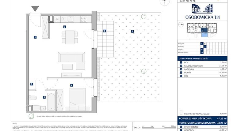 Rzut - Mieszkanie na sprzedaż 2 pokoje o powierzchni 48,25 m² - numer A.13 w Osobowicka 114