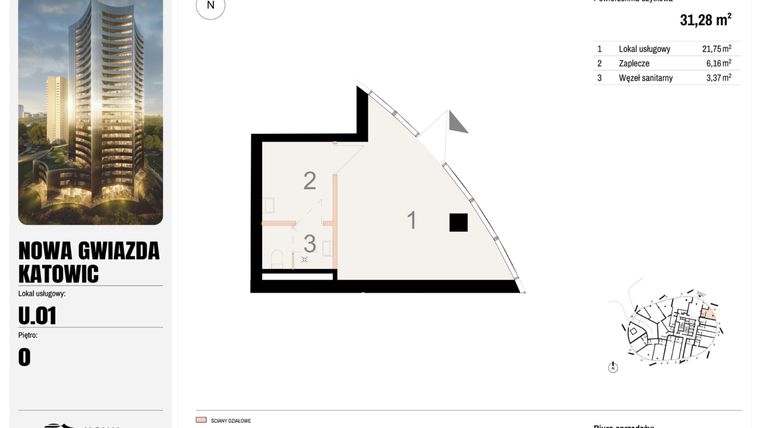 Rzut - Lokal użytkowy na sprzedaż 1 pokój o powierzchni 31,28 m² - numer U.01 w Nowa Gwiazda
