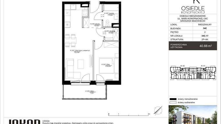 Rzut - Mieszkanie na sprzedaż 2 pokoje o powierzchni 40,88 m² - numer 34C.17 w Osiedle Konopnickiej