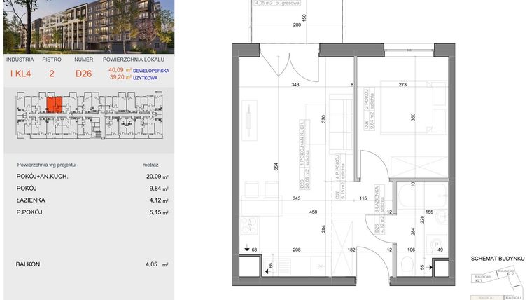 Rzut - Mieszkanie na sprzedaż 2 pokoje o powierzchni 39,2 m² - numer I-D26 w Industria etap I-D oraz I-C