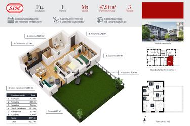 Rzut - Mieszkanie na sprzedaż 3 pokoje o powierzchni 47,91 m² - numer 5 w Tęczowy Zakątek F-14