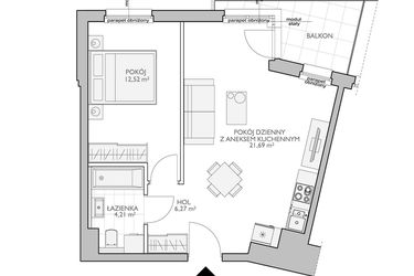 Rzut - Mieszkanie na sprzedaż 2 pokoje o powierzchni 45,78 m² - numer WO/O18/30 w Wiszące Ogrody
